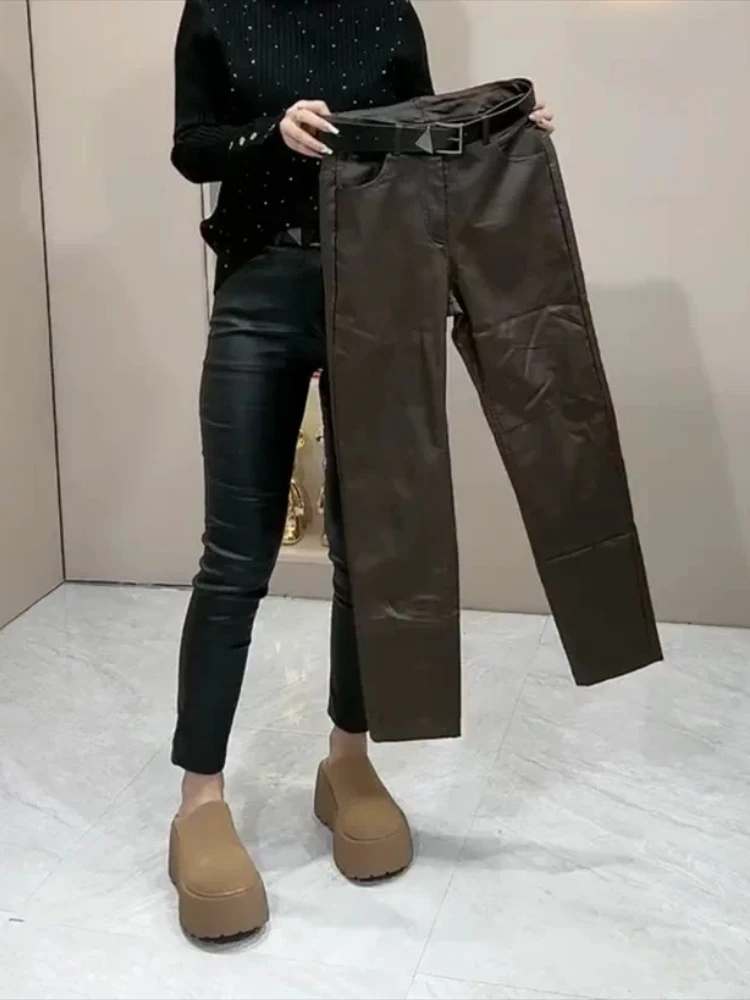 Trousers Women Autumn Winter Minimalist Thickened Brushed High Waist Coated Faux Leather Straight Ankle Slimming Casual Pants