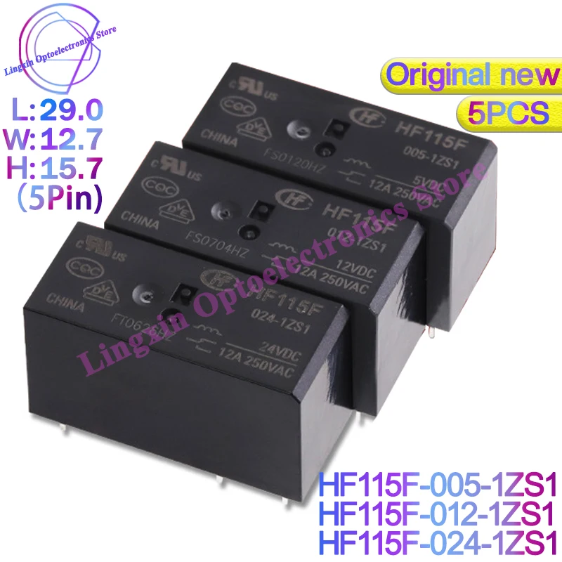 5Pcs/lot JQX/HF115F - 005 012 024 -1ZS1 Relays 5Pin 12A 250VAC HF115F-005-1ZS1 HF115F-012-1ZS1 HF115F-024-1ZS1 100% Original new