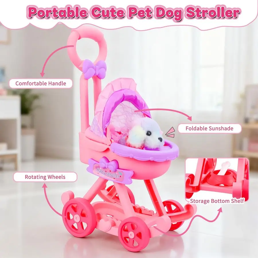 Dog Toys for Kids Girls, Pretend Puppy Stroller Playset for Toddler, Electronic Interactive Walking Barking Dog Toy, Pet Care am