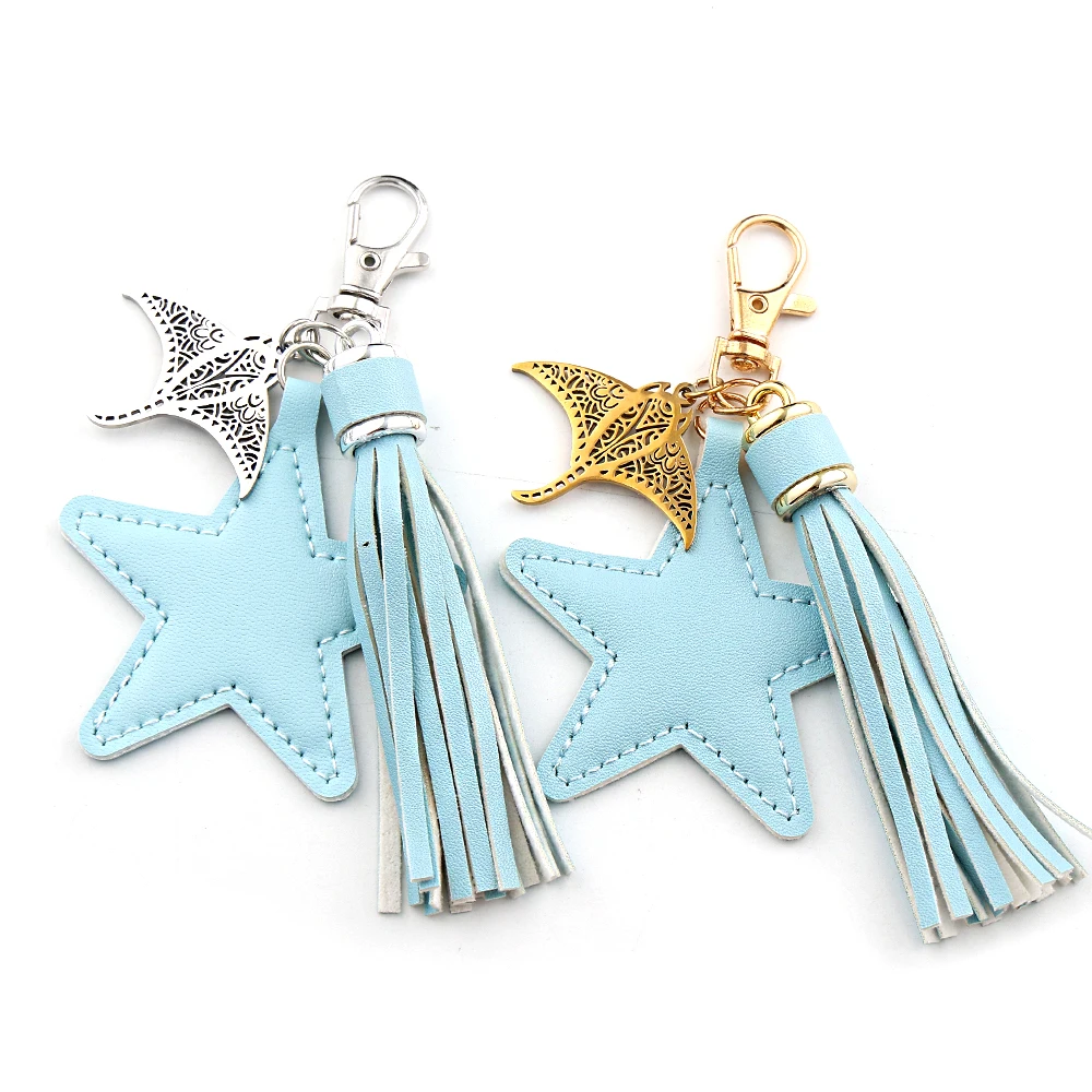 Boho Hollow Manta Ray PU Leather Pentagram Key Chain Stainless Steel Gold Color Ocean Devil Fish Key Ring Bag Charms Jewelry