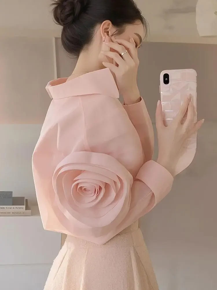 

2025 New Shirt for Women Spring French Temperament Solid Color Versatile Pink Top ZT465