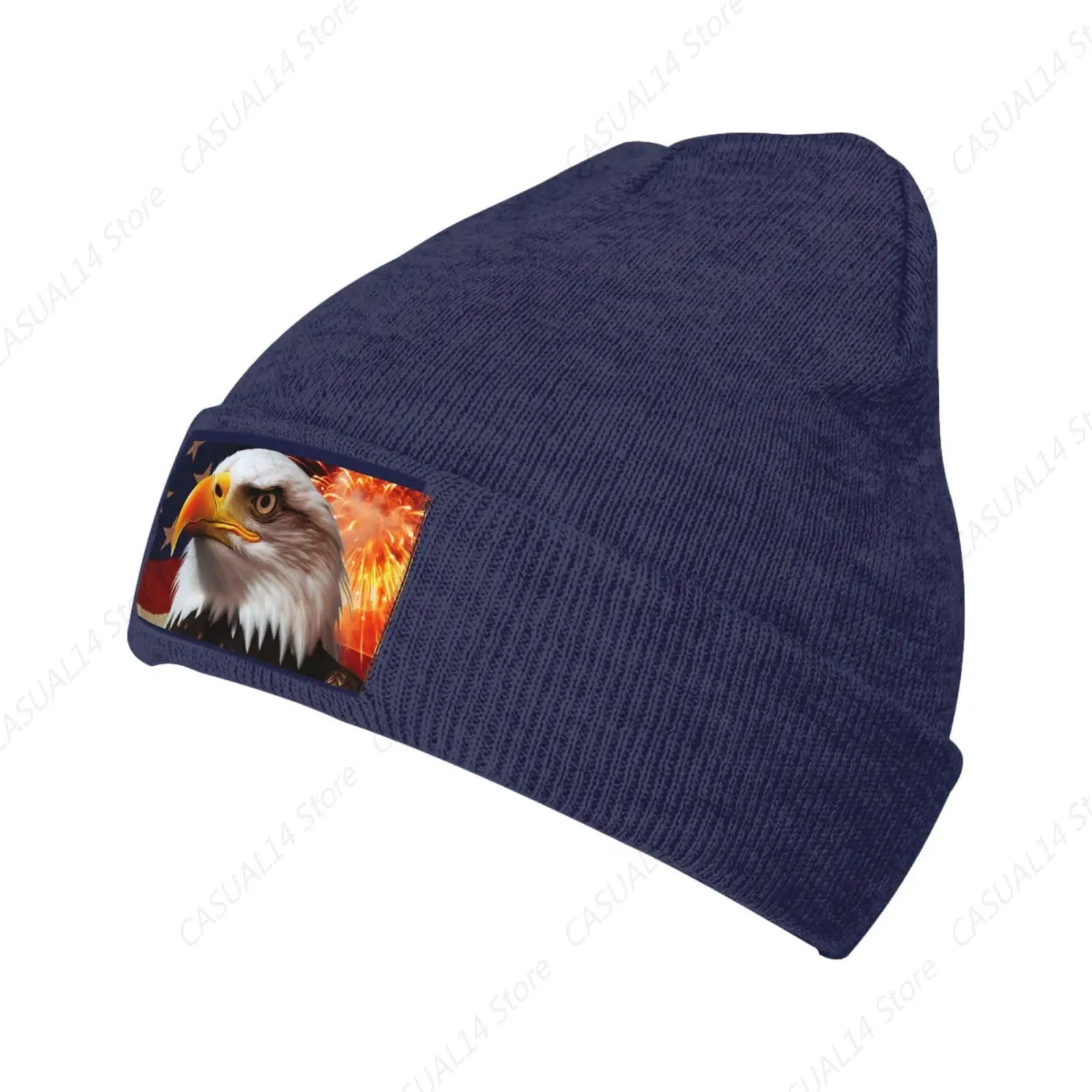 Beanie For Women American Flag Fire Eagle Print Knitted Hat Men Winter Beanies Soft Knit Hats Warm Beanie Cap Navy Blue