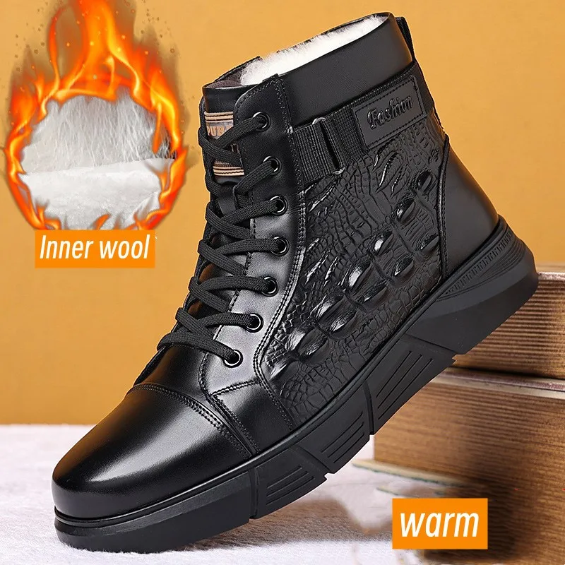 Genuine Leather Boots Men\'s Plush Wool Boots For Men Warm Snow Cotton Shoes Botas Para Hombre Botas Masculinas Em Couro Botines