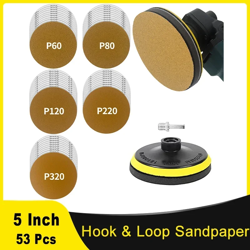 5 Inch 125MM Gold Grinder Sanding Disc Kit 53PCS 60-320 Grit Hook and Loop Backing Pad with Sander Pads Sandpaper for Woodwork