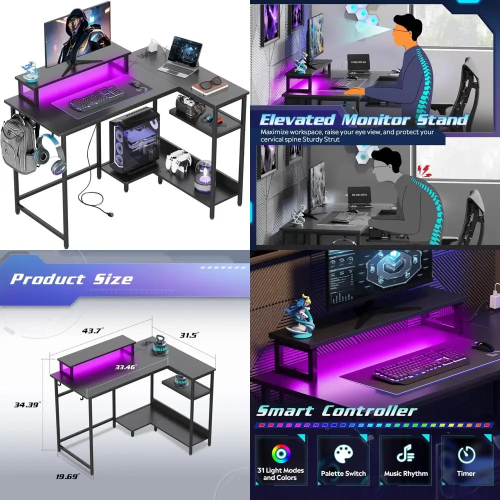 Escritorio para juegos en forma de L de 43 pulgadas con iluminación LED con tomas de corriente para espacios pequeños, escritorio esquinero para computadora para una configuración de PC resistente