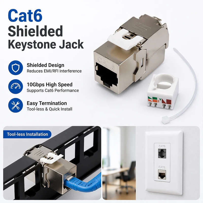 10PCS Cat.6 Shielded Tool-less RJ45 Keystone Jack, 10Gbps Network Connector No Punch Down Up-Down Crimp for Ethernet