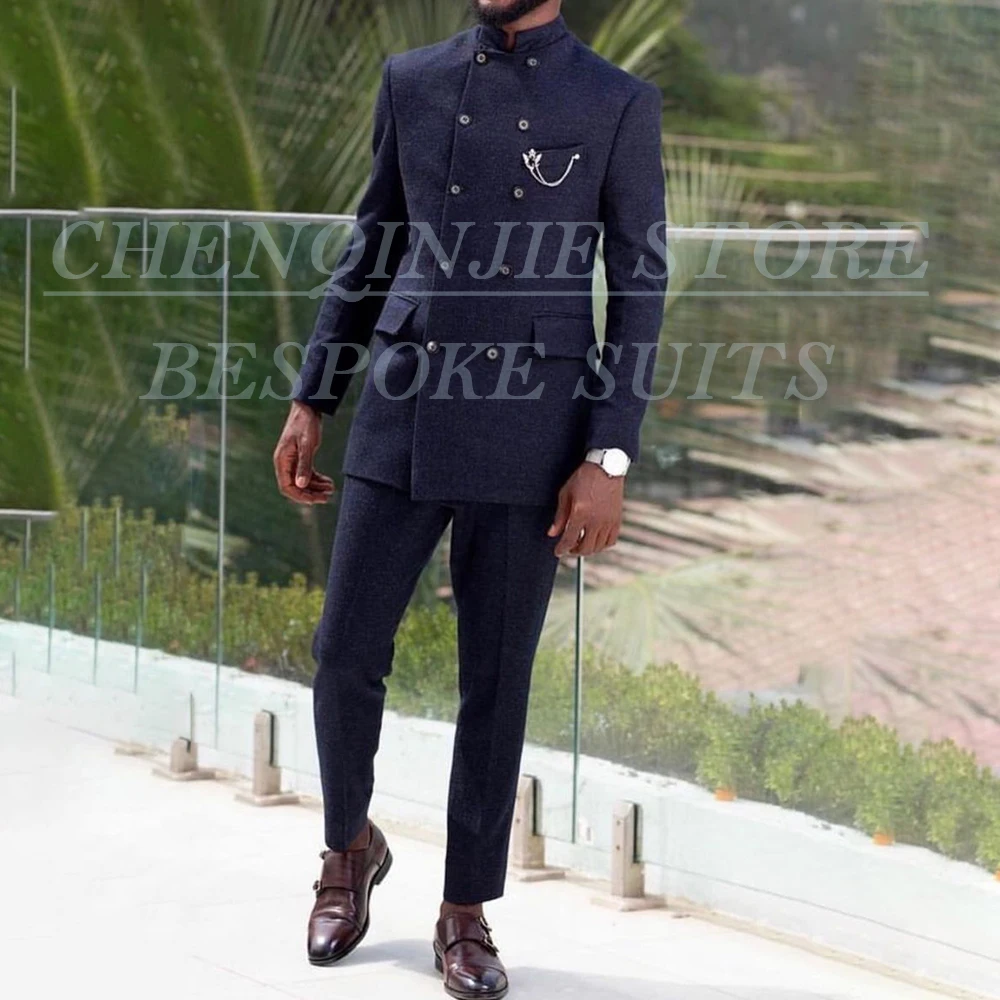 

Bespoke Navy Blue Men's Suits Fashion Double Breasted Blazer Elegant High Quality 2 Piece Jacket Pants Sets Costume Homme