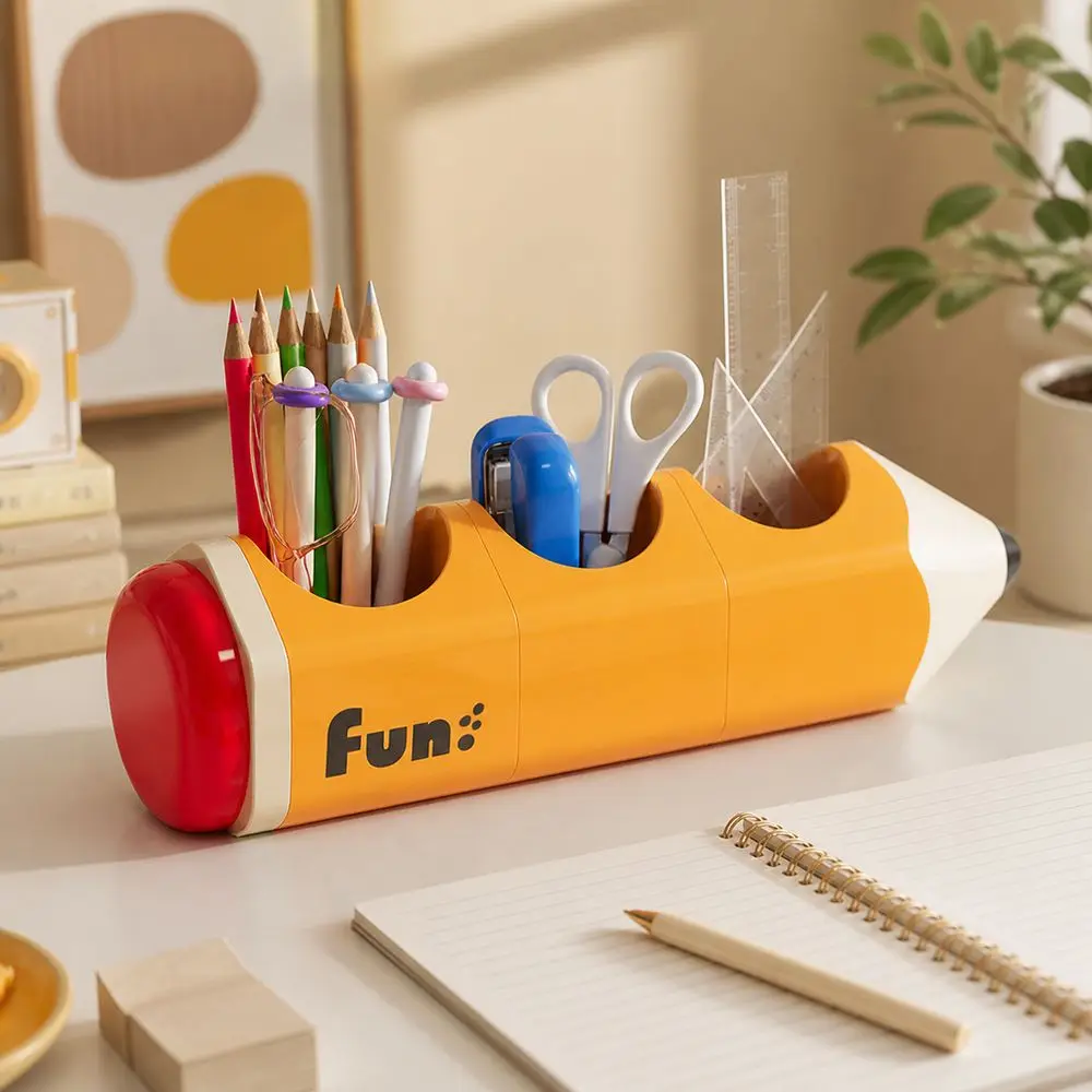 Gifts Plastic Pencil Holder Pencil-Shaped Multi-Compartment Pen Holder Yellow Cartoon Style Stationery Organizer School Supplies