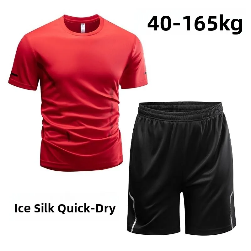 

Мужской спортивный костюм больших размеров из ледяного шелка, быстросохнущий, для бега и фитнеса, летний, новый, повседневный комплект: футболка и шорты больших размеров.