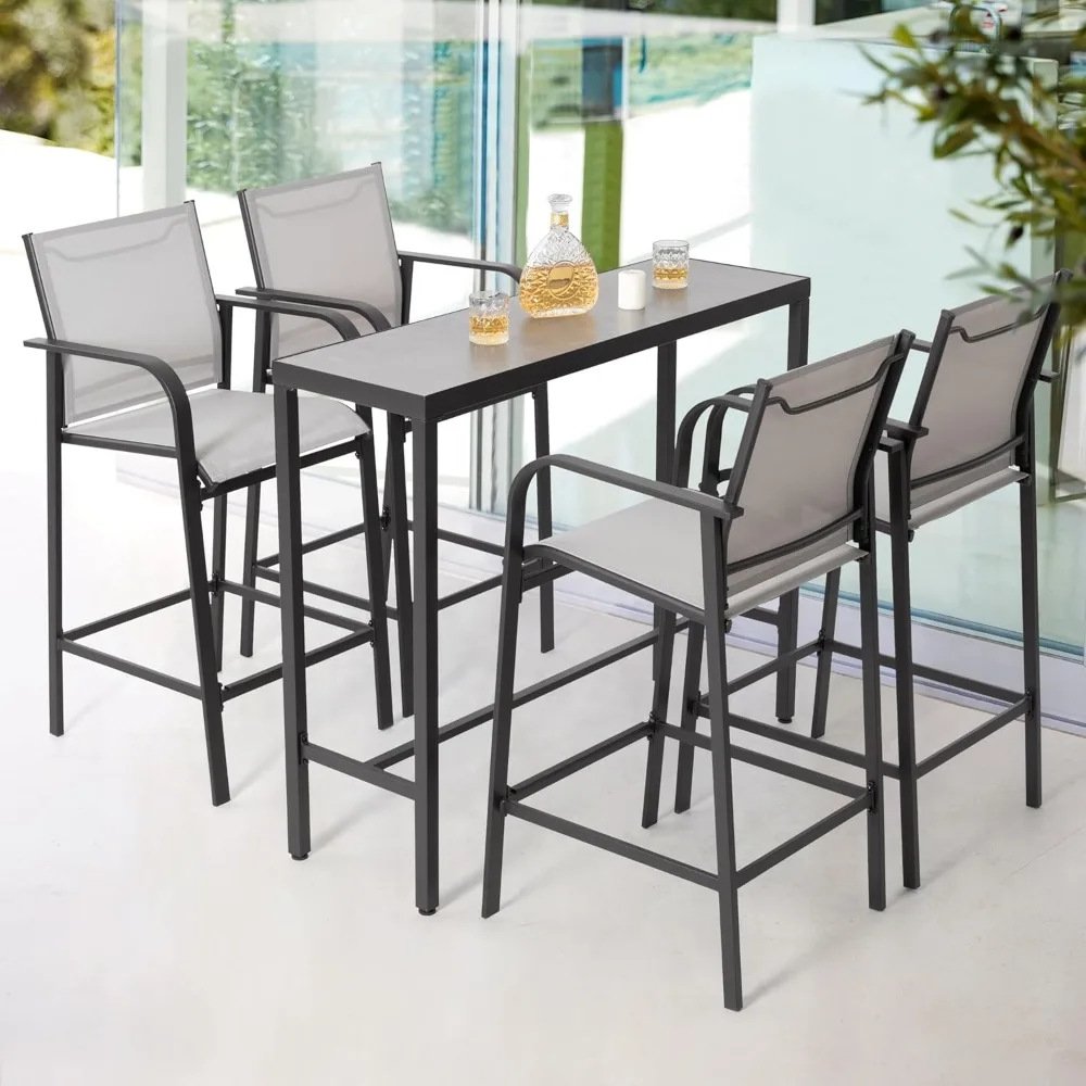 

5 Piece Outdoor Bar Set, 4 Textilene High Bar Stools and 1 Patio Bar Table, All-Weather Powder-Coated Frame, Ergonomic Back wit