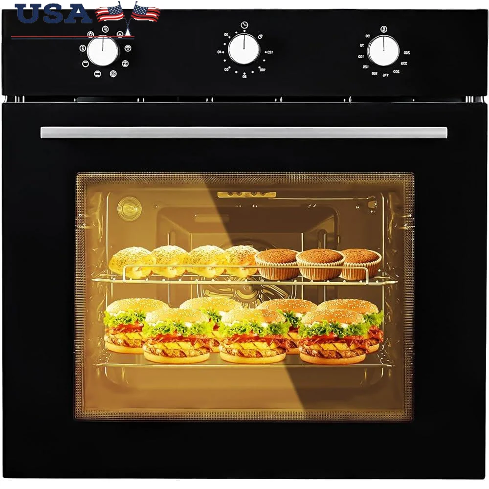 24 Inch Electric Wall Oven 3000W Built In 5 Cooking Functions Convection Double Layer Glass Door Kitchen Device