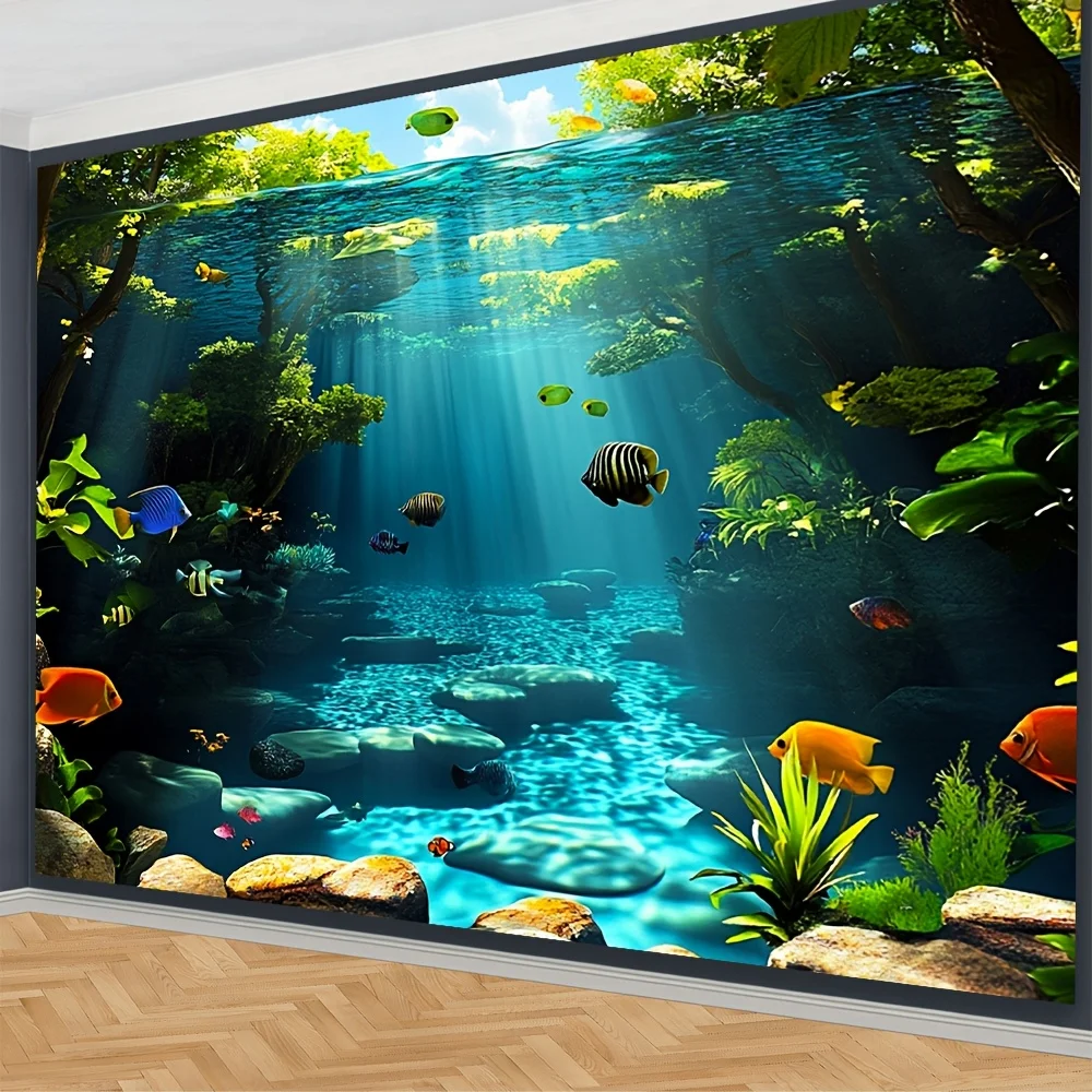 Underwater Ocean Fish Coral Reef Sunlight Tapestry 2D Flat Printing Wall Hanging Backdrop for Bathroom Bedroom Decor Marine Life