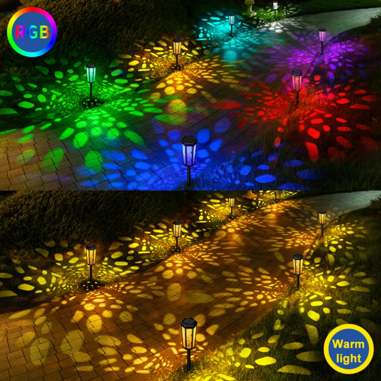 "Luces solares de jardín RGB impermeables que ahorran energía para uso en exteriores: mejoran el paisaje, el jardín, el patio con el ambiente"