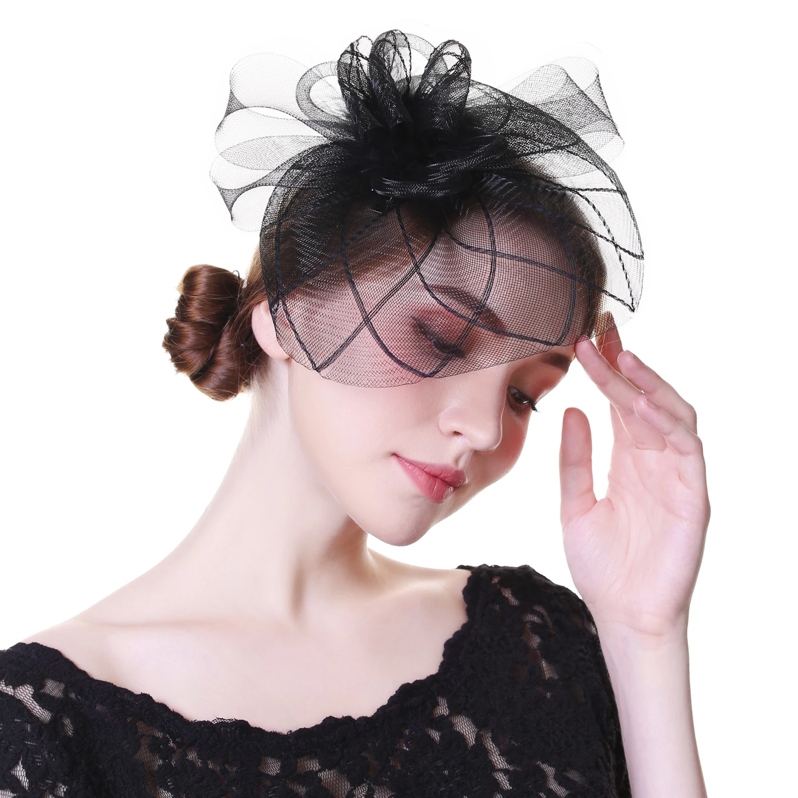 AWAYTR New Fashion imprezowa, koktajlowa czapka damska Sinamay Fascinator ślubna kościelna piórko kwiatowe włosy Fascinator opaska z kapeluszem