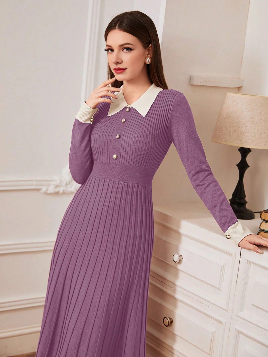 Elegant Women Knitted Long Dress Turn Down Collar A Ling Dress for Party Autumn Winter Basic Pleated Dresses Lady Verstido