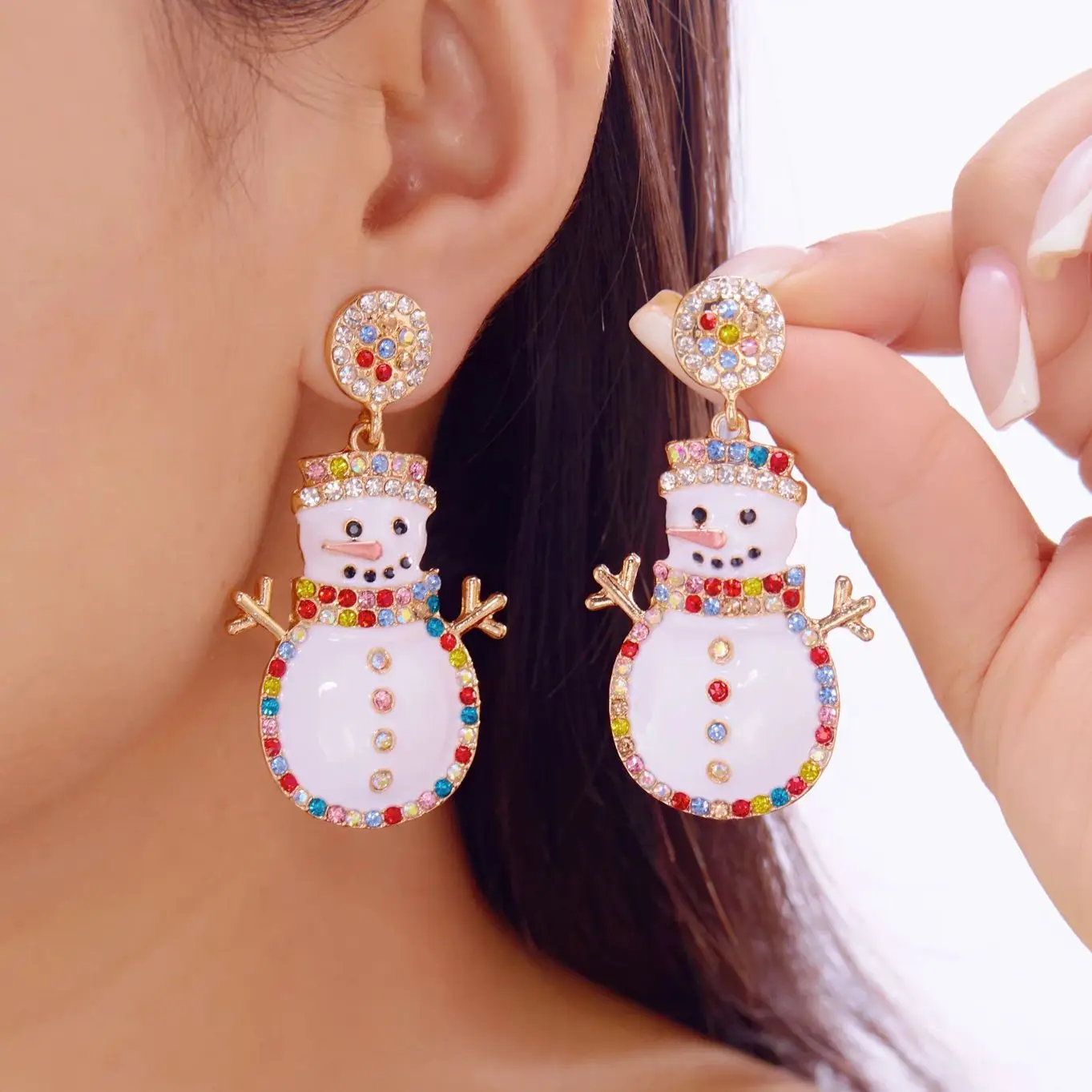 Exquisite Strass-Schneemann-Ohrringe für Frauen, Minimalistische Weihnachtsbaum-Glocken-Schleifen-Ohrringe, Neujahrs-Freundschaftsschmuck Geschenke – Detail 1