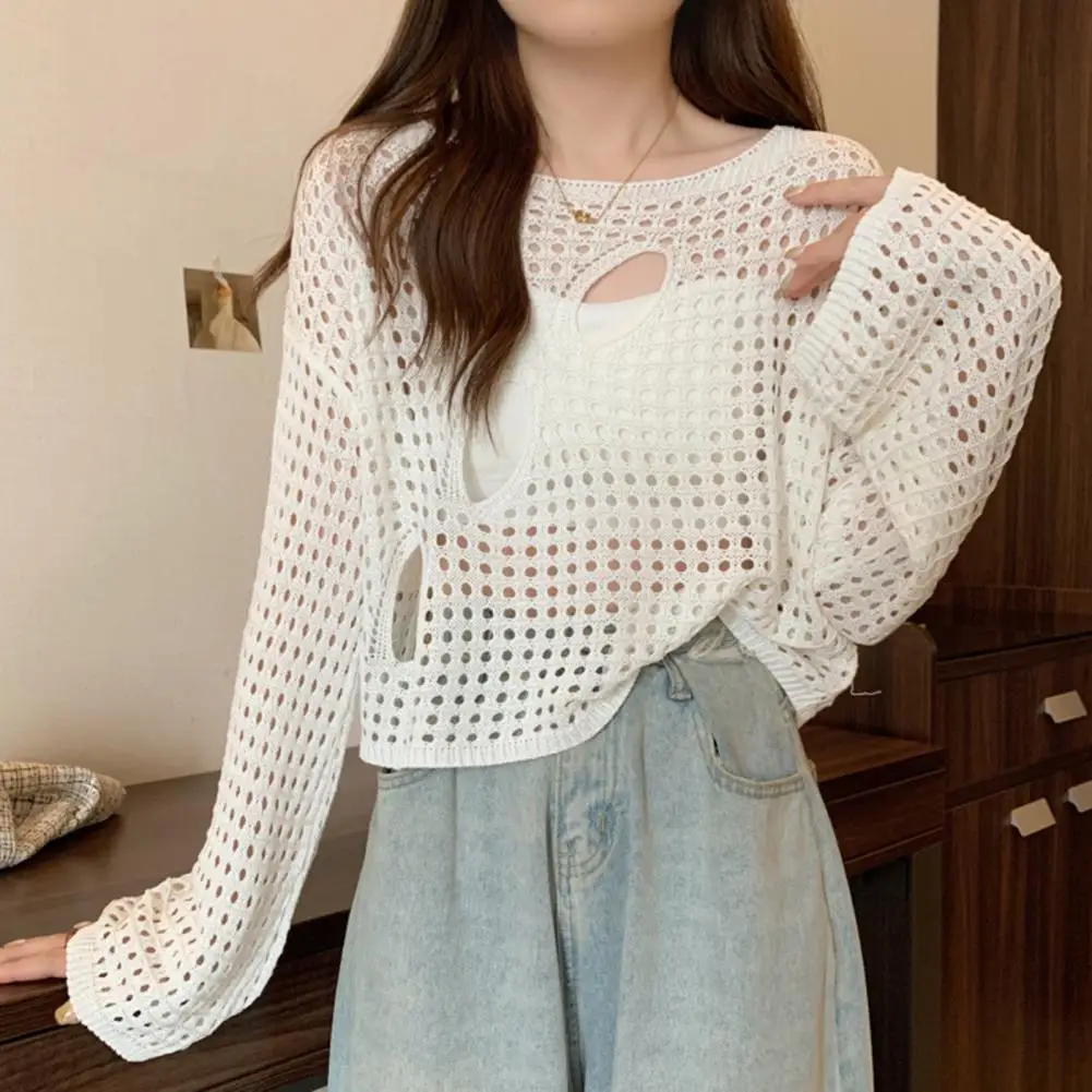 Women T-shirt Women Blouse Stylish Women's Hollow Design Tops for Wear Long Sleeve Knitting T-shirt Loose Fit Polyester T-shirt