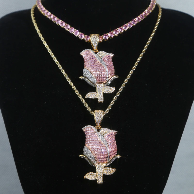 2025 New Iced Out Bling 5A CZ Nice Rose Flower Pendant Necklace Drop Ship Hip Hop Men Women Jewelry