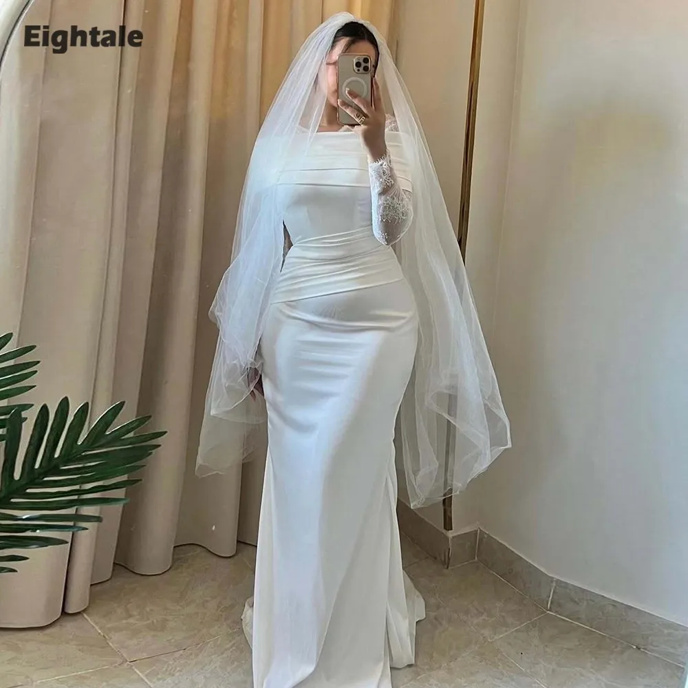 

Eightale Arabic Wedding Dresses O-Neck Lace Customized Long Sleeve Mermaid Satin Floor Length Bridal Gowns Vestidos De Novia