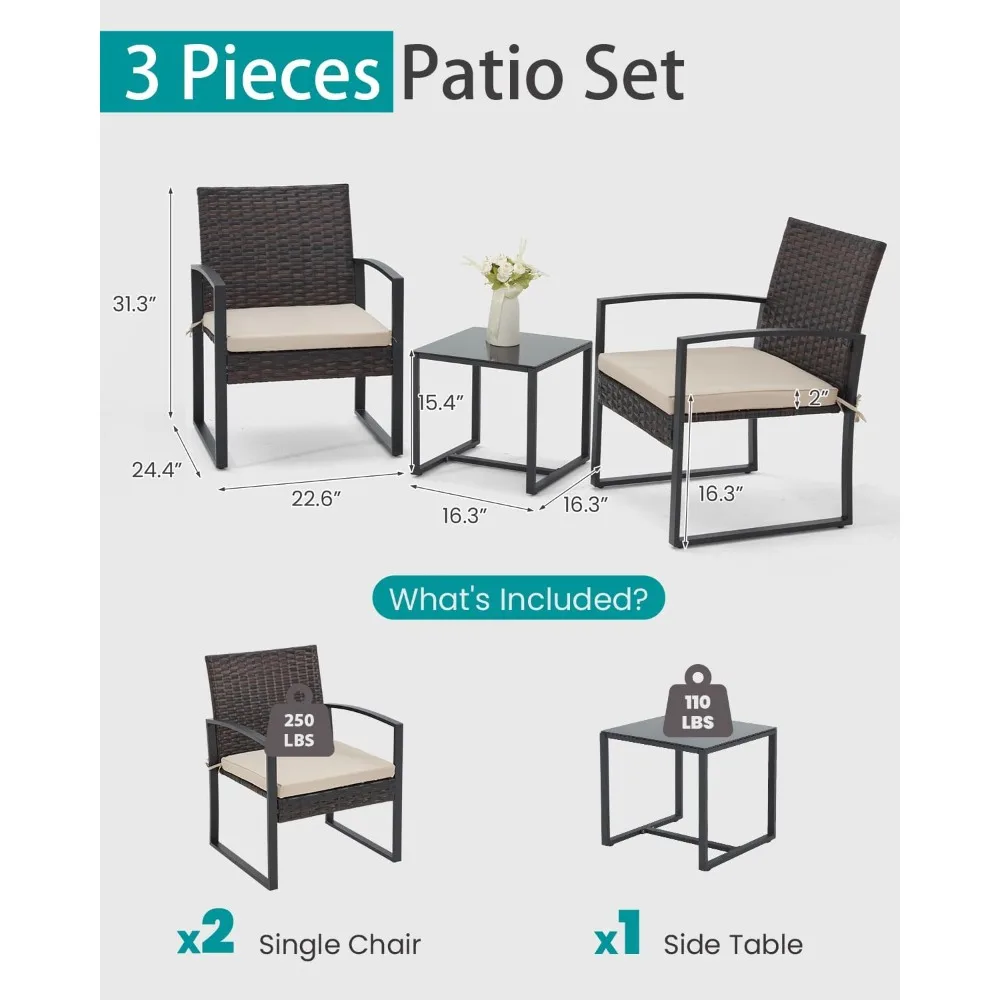 3 Pieces Patio Furniture Set, Outdoor Rattan Bistro Set with Coffee Table, Durable Steel Frame with Strapped Cushions