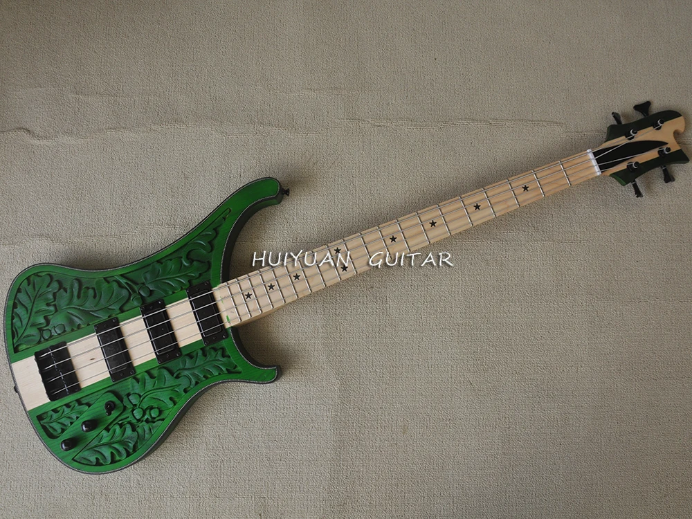 Green 4 Strings Neck-thru-body Electric Bass Guitar with Carved Pattern,3 Pickups,Maple Fretboard