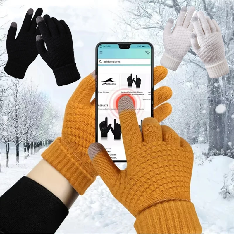 

Warm Winter Touch Screen Gloves Stretch Classic Knitted Gloves Full Finger Coldproof Faux Cashmere Thickened Outdoor Riding Gear