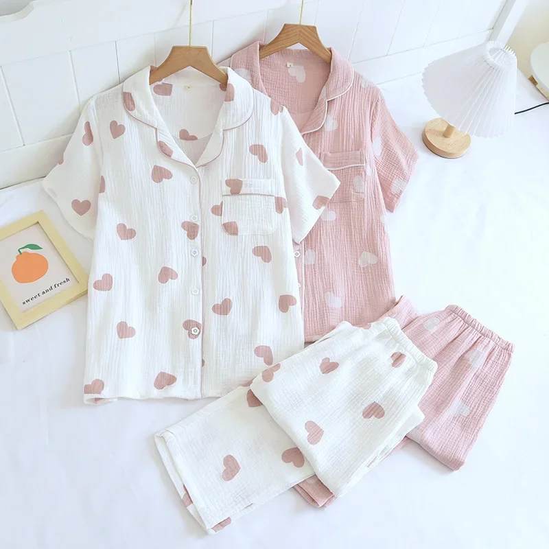 Sleepwear Spring Summer Pajamas for Women 100% Cotton Crepe Love Print Homewear Set Simple Fresh Two Piece Female Home Suits