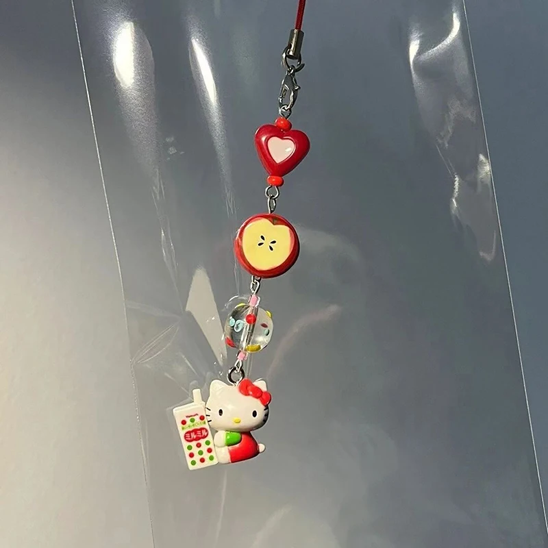 Kawaii Hello Kitty Red Love Apple Beaded Phone Chain Keyring Cartoon Camera Hanging Decoration Cute Backpack Pendant Girls Gifts