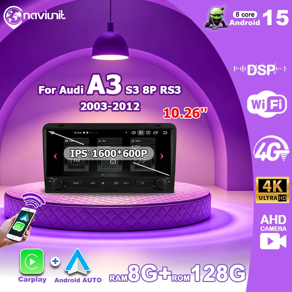 Autoradio Android 15 con Schermo da 10.26'' e CarPlay, Stereo 2 DIN per Audi A3 8P S3 RS3 2003-2012, Bluetooth, Lettore Multimediale, Navigazione GPS, WIFI, 4G