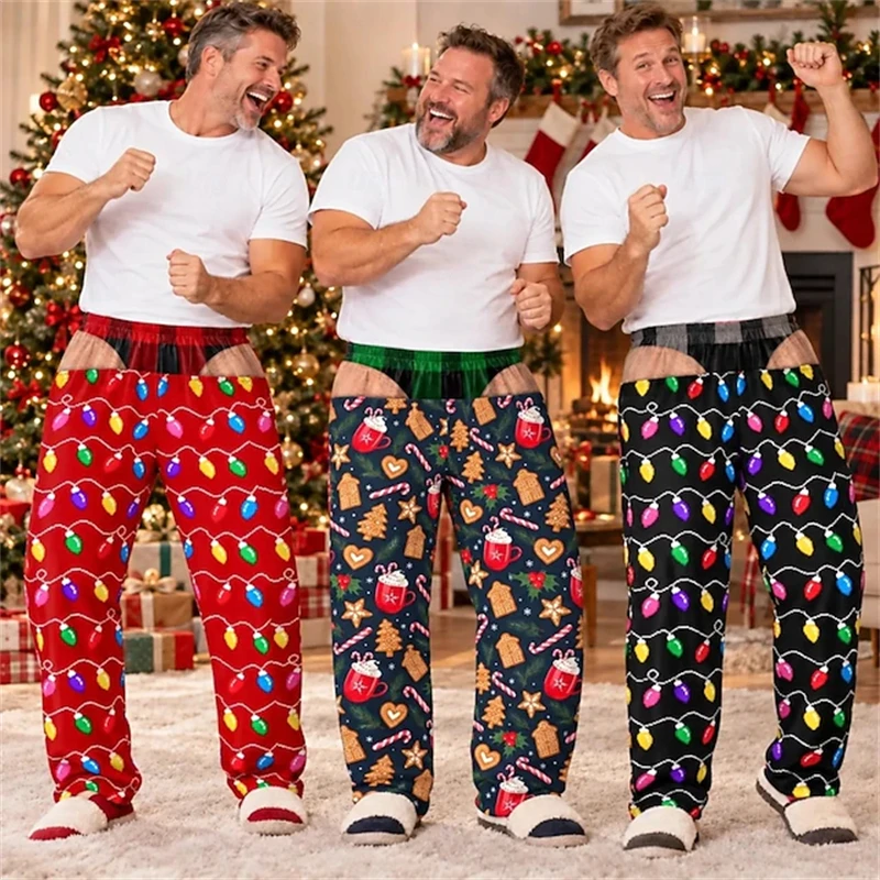 Men’s Novelty Christmas Pajama Pants Loungewear Featuring A "Fake Butt" Thong Print Festive Party Trousers Straight-Leg Fit