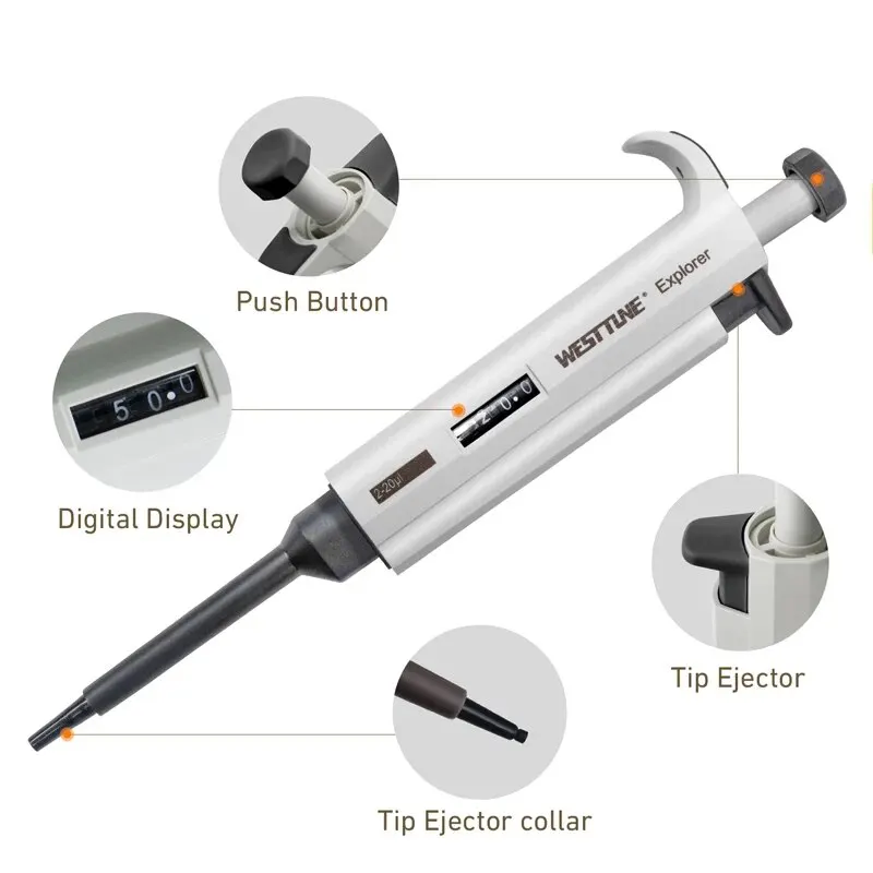 WESTTUNE Laboratório Micro Pistola para Pipetas, Pipeta de Canal Único, Pipeta de Plástico Digital Ajustável, Meia Autoclavável com Ponta