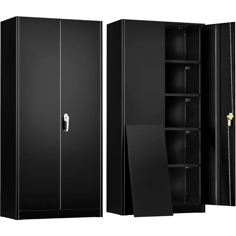 Storage Cabinet, 72” Black Garage Steel Locking Cabinet with Doors and 4 Adjustable Shelves, Tall Lockable File &Tool