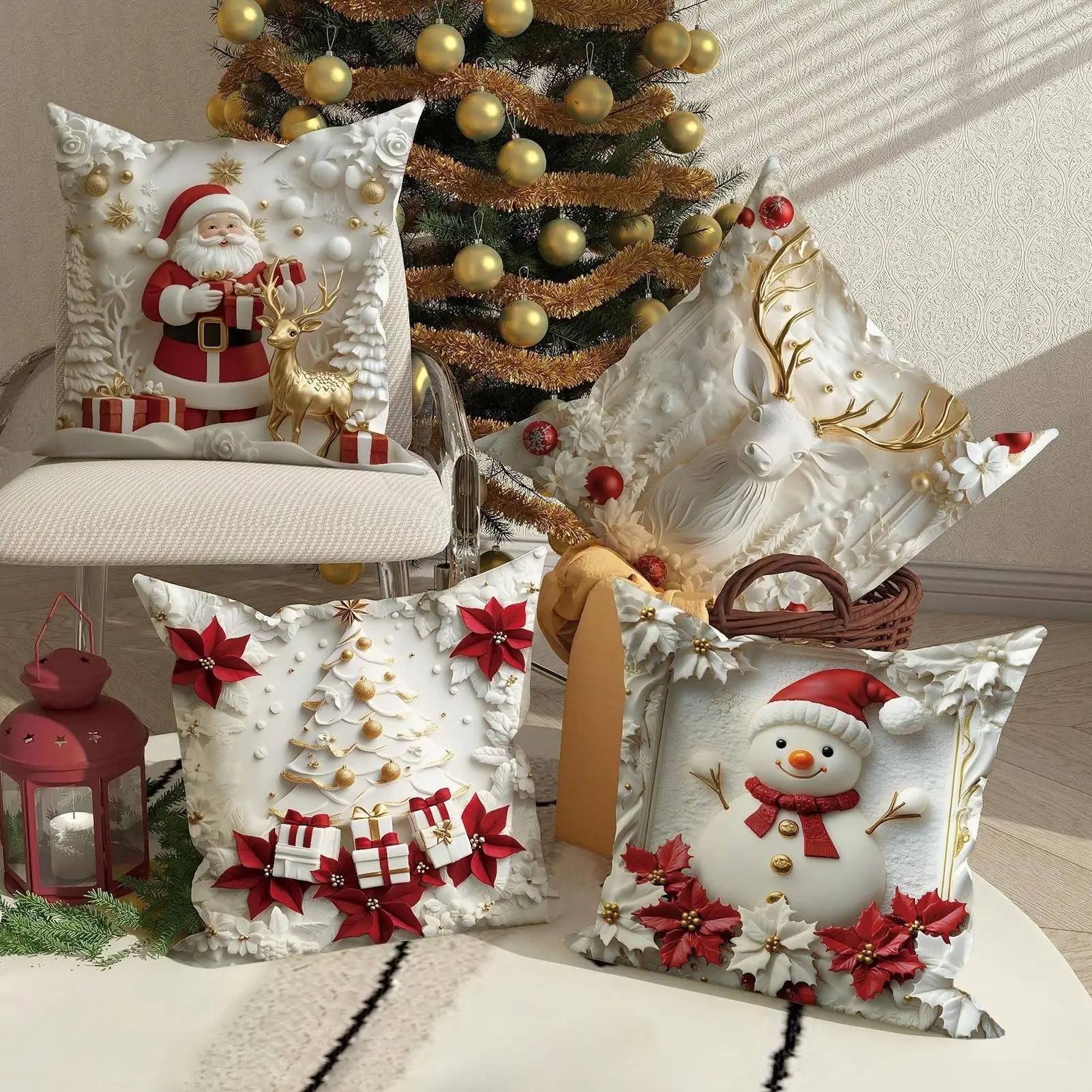 Christmas Pillow Covers 4 Pieces 18x18inch Reindeer Santa Prints Decor Holiday Pillow Covers for Friends Home Indoor Winter