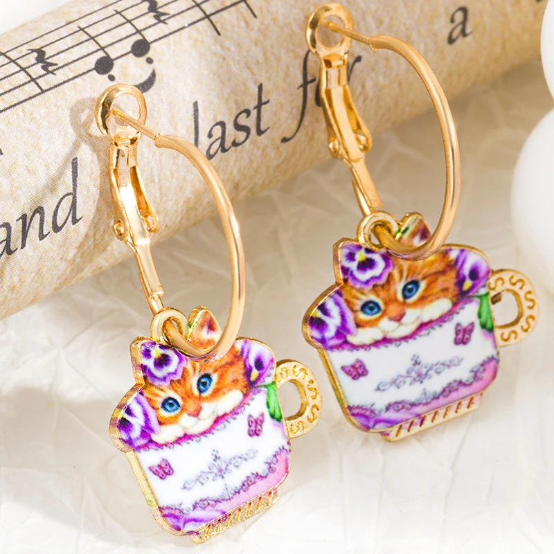 Kawaii Enamel Drop Cat Dangle Earrings Fashion Sweet Cartoon Animal Eardrop for Women Girl Casual Parties Gift