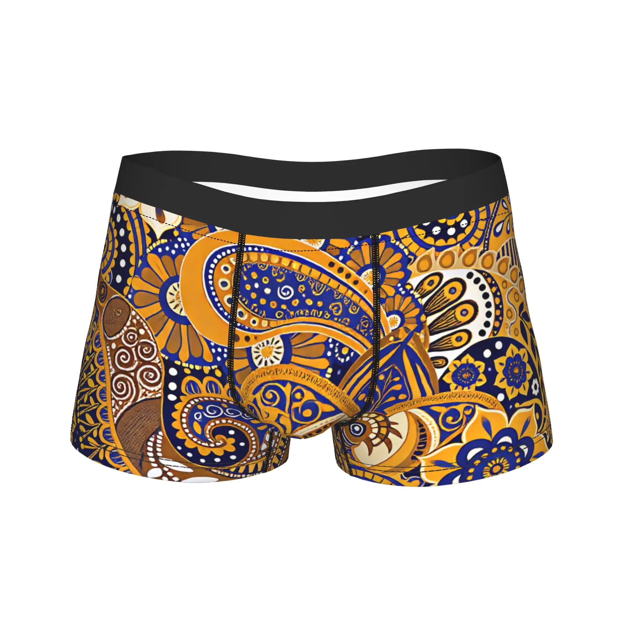 Navy Gold Paisley Floral Underwear  Men's Underpants Custom DIY Sexy Soft Boxer Shorts Trenky Boxer Brief Plus Size 2XL