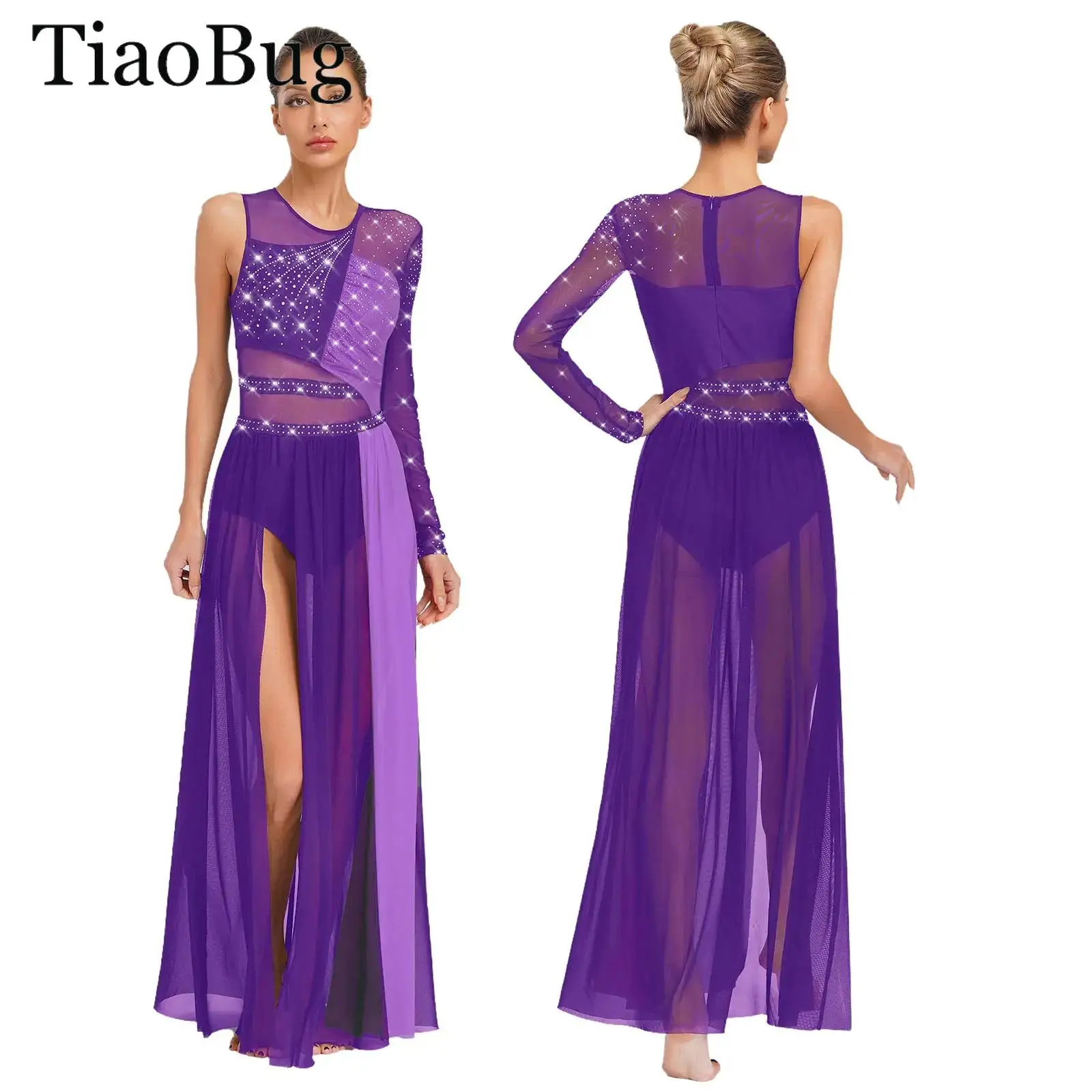 

Women Modern Lyrical Dance Dress Rhinestone Sheer Mesh Side Split Ballet Gymnastics Leotard Dress Skating Contemporary Dancewear