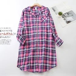 2024 Spring Autumn Women Casual Plaid Sleep dress Ladies 100%Cotton Nightgown Female Long sleeve Turn-down collar sleepshirts