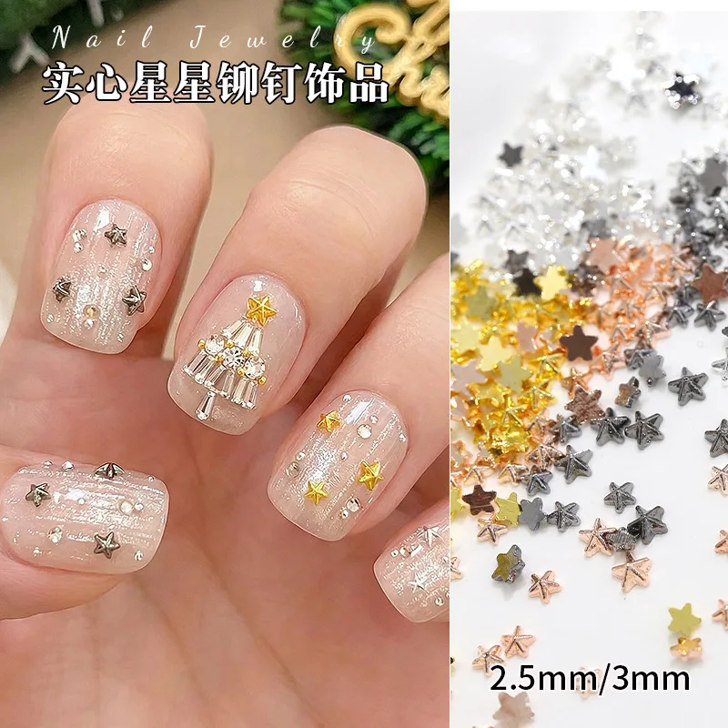 

Trending 100PCS 3D Metal Star Nail Studs – 5-Pointed Gold/Silver/Rose Gold/Gunblack Rhinestone Rivets Manicure DIY Accessories