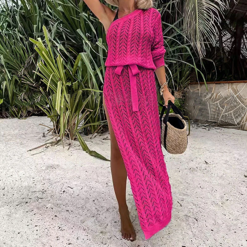 

Women Sexy Transparent Side Slit Knitted Dress Fashion Arrow Solid Diagonal Collar Robe Beach Dress 2025 Long Sleeve Party Dress