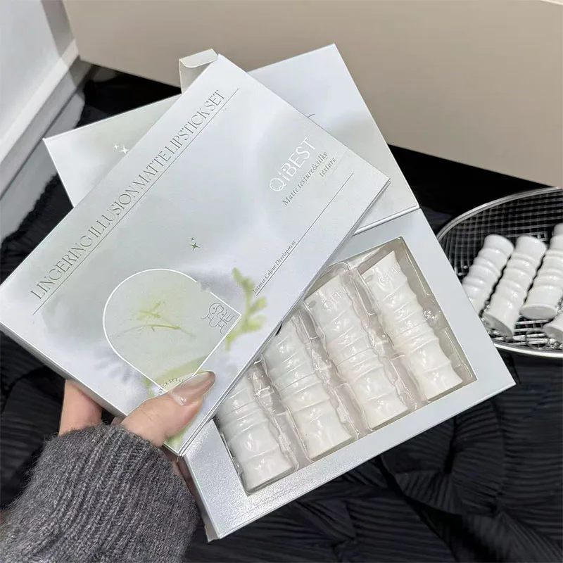 Qibest batom fosco 4 cores conjuntos de maquiagem névoa macia cor clara colorido mancha labial longa duração batom brilhante cosméticos de beleza