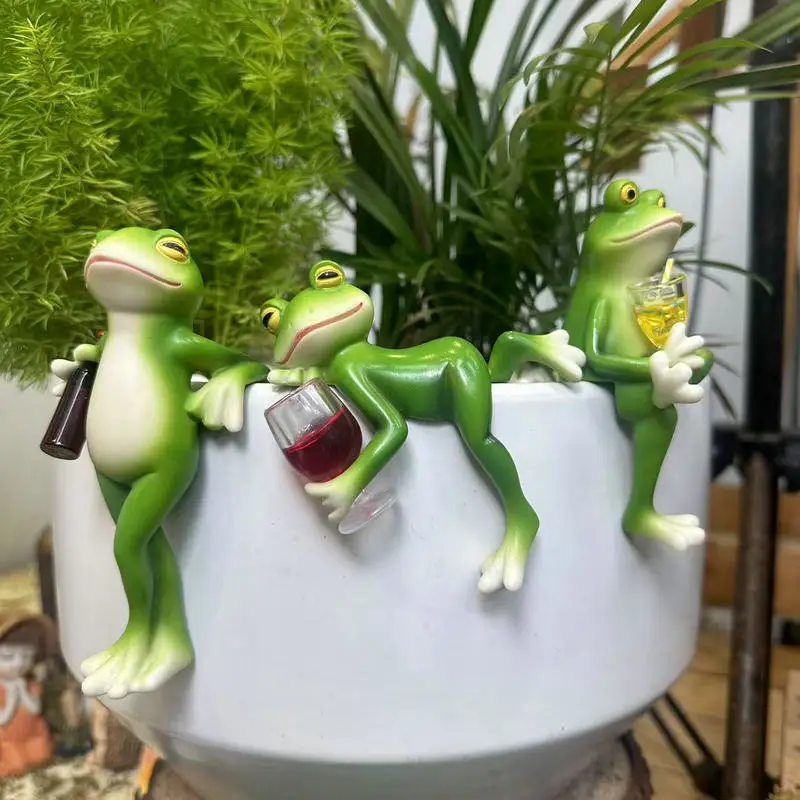 Funny Drinking Frog Resin Cute Statue Hanging Flower Pot Edge Frog Miniature Decorative Ornaments Fish Tank DIY Craft Decor