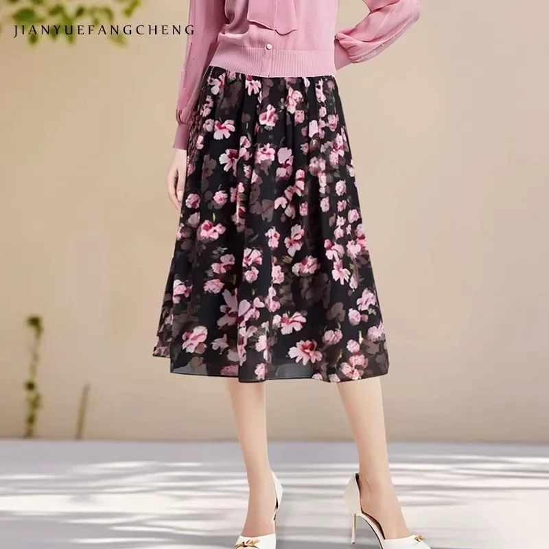 2026 Spring/Summer Women's Chiffon Dress with Fragmented Flowers, Romantic Colors, Fresh Half length Skirt