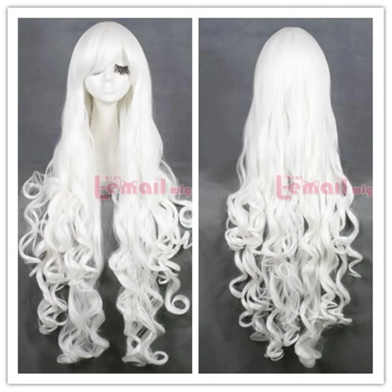 

80cm Long White Women's Obique Bangs Curly Wave Hair Cosplay Party Wigs CB64D