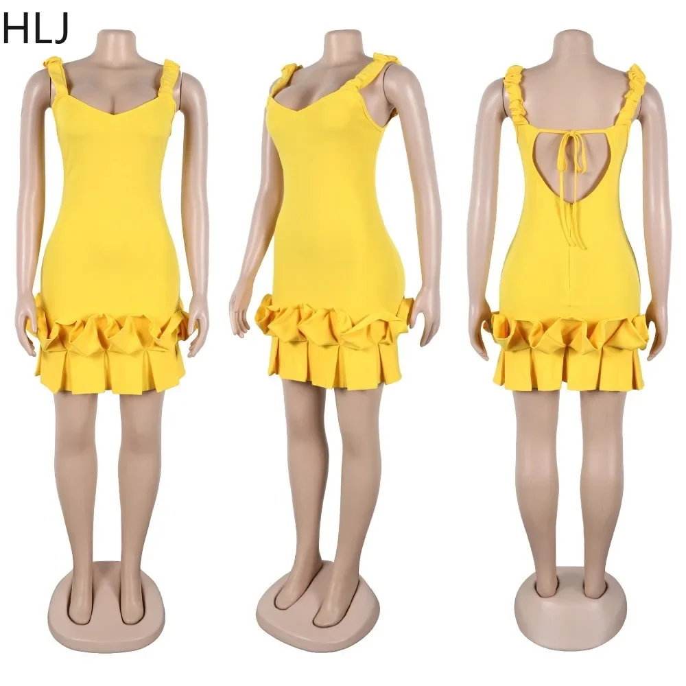 HLJ สีเหลืองเซ็กซี่ Ruffle Bodycon สปาเก็ตตี้มินิเดรสผู้หญิง V คอผ้าพันคอ Backless Vestidos แฟชั่น Slim Club เสื้อผ้า