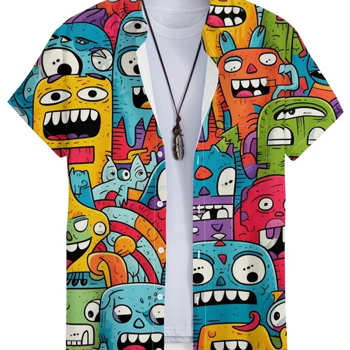남녀공용 귀여운 만화 하와이안 셔츠, 여름 해변 셔츠, 트로픽 3D 프린트 셔츠, 여성 패션 블라우스, 반팔 휴가 상의 