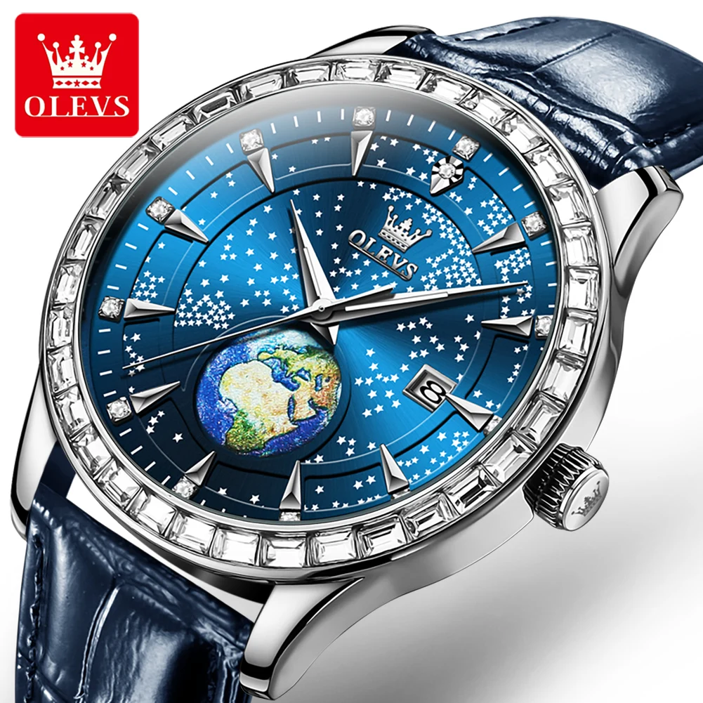 OLEVS Mens Watches Top Brand Luxury Blue Leather Waterproof Luminous Calendar Quartz Watch for Men Business Wristwatch Reloj