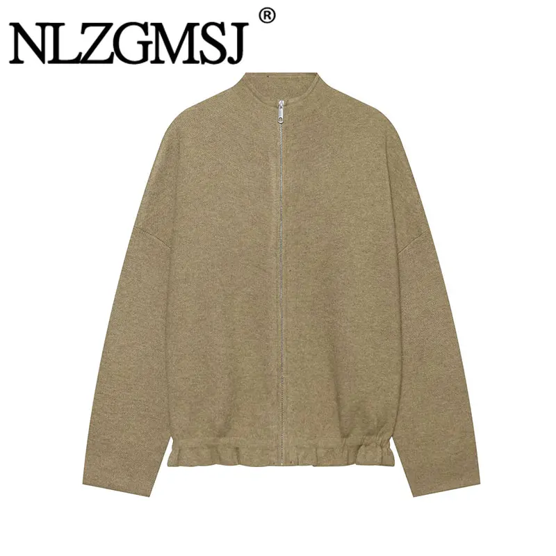 Nlzgmsj 2026 Autumn Women Stand Collar Zip Knit Jacket Loose Drop Shoulder Long Sleeve Elastic Hem Thick Warm Knitted Cardigan