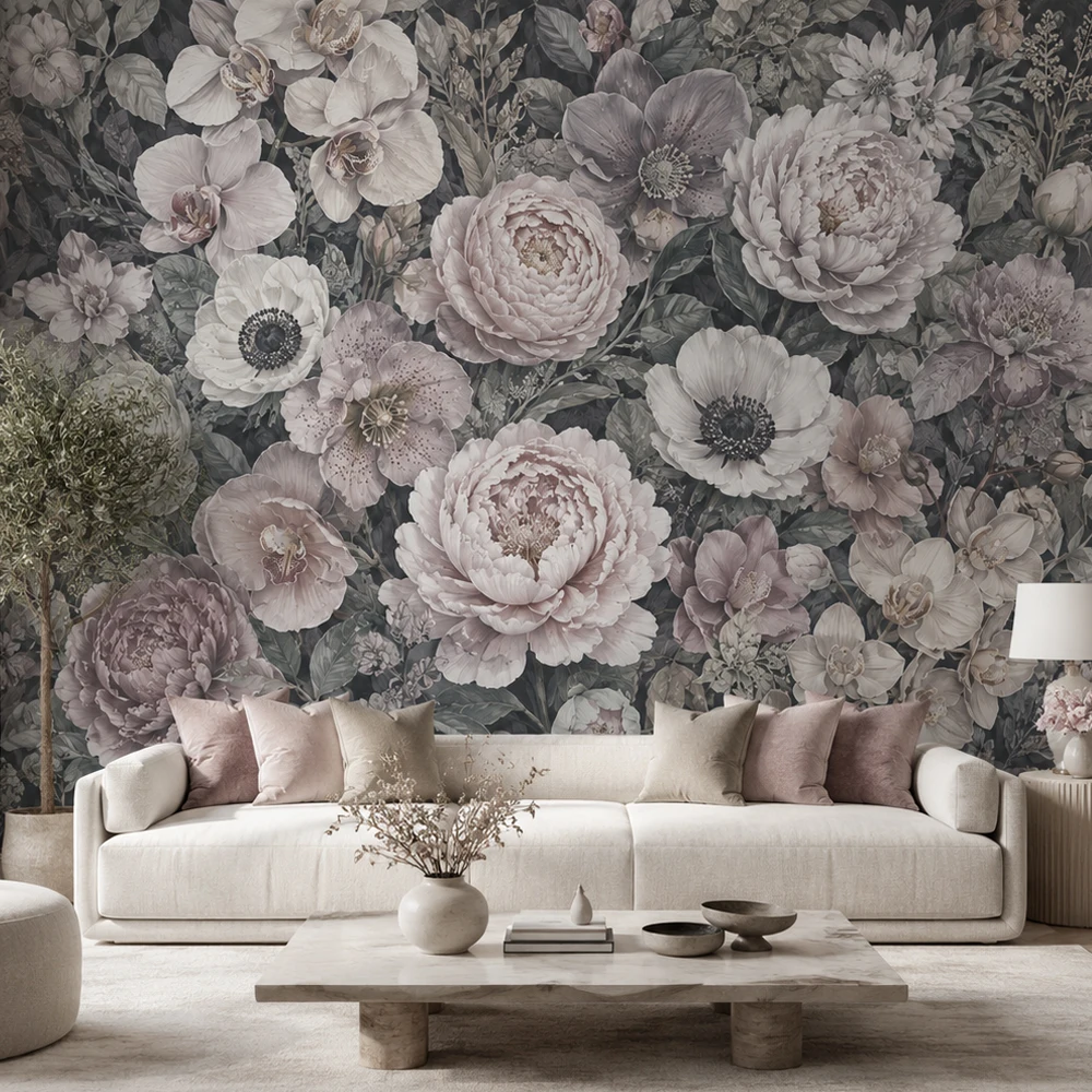 ヴィンテージ牡丹蘭の花柄ウォールペーパー、リビングルームや寝室用のダークボタニカルフラワーデコレーション、非粘着性
