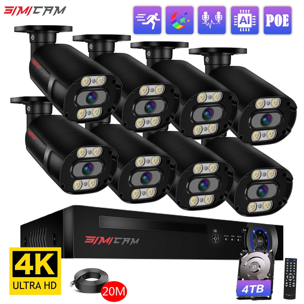 simicam 4k poe cameras de vigilancia dupla luz cor visao noturna com audio ao ar livre a prova agua ip cctv seguranca 8ch nvr kit 01