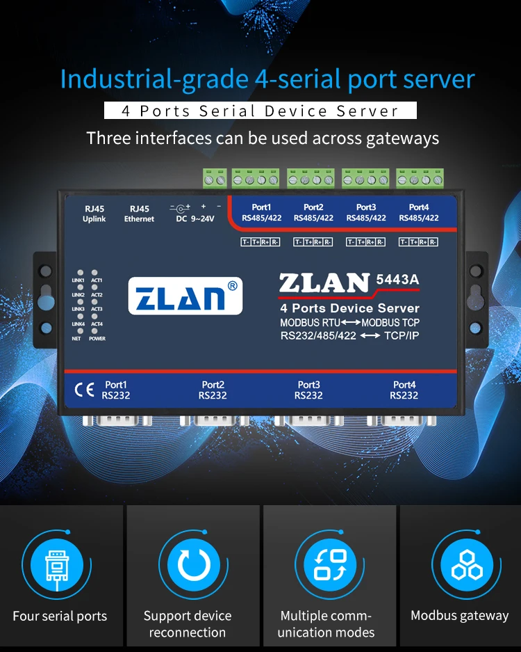 ZLAN5443A Serial Communication Server 4-port RS232/485/422 to Ethernet Port Module Networking
